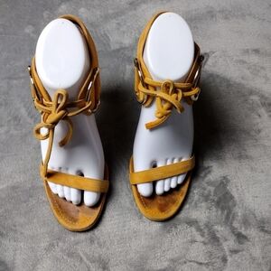 GUCCI Sandals  suede Tie ribbon high heels Yellow Mustard Size 7.5B